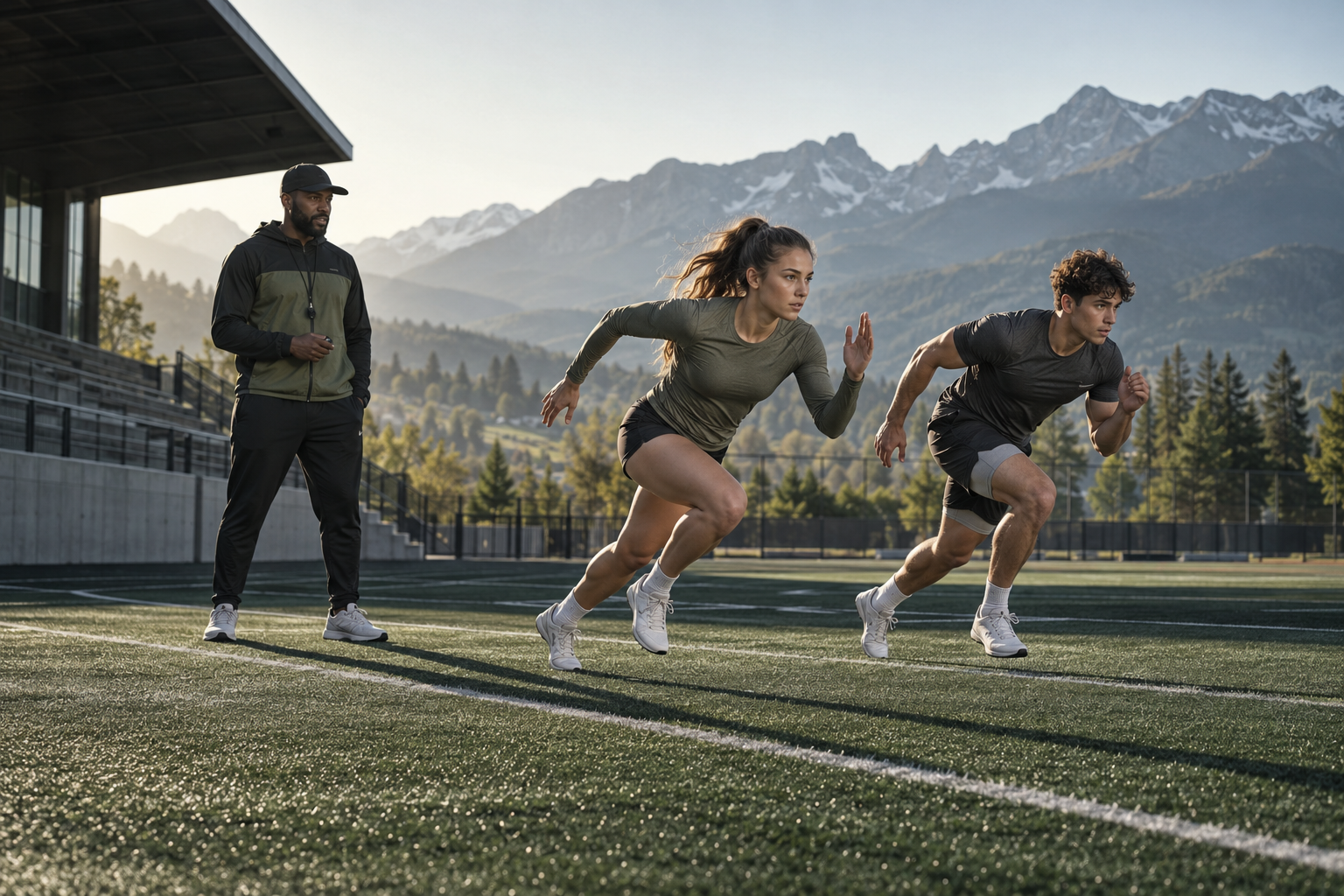 Illustrative teen athletes practicing acceleration with an adult coach on a sports field